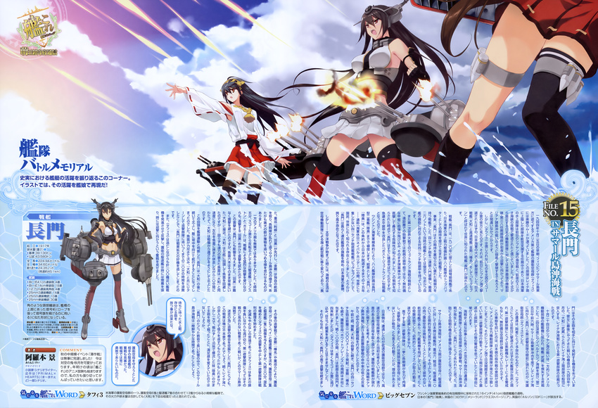 absurdres beam black_hair breasts cannon cloud cloudy_sky detached_sleeves fighting_stance firing fumio_(ura_fmo) haruna_(kantai_collection) headgear highres kantai_collection large_breasts long_hair machinery magazine_scan midriff miniskirt multiple_girls nagato_(kantai_collection) nontraditional_miko ocean outstretched_arm scan single_thighhigh skirt sky splashing thigh_strap thighhighs torpedo water yamato_(kantai_collection)