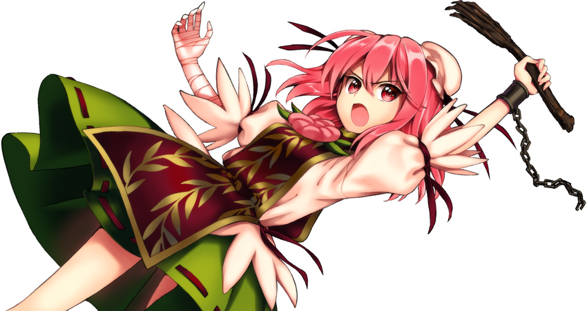 :o ahoge bandaged_arm bandages bun_cover chain china_dress chinese_clothes cuffs double_bun dress flower full_body harukawa_moe ibaraki_kasen leaf leaf_print long_hair monkey_paw official_art pink_eyes pink_flower pink_hair pink_rose puffy_sleeves rose severed_hand shoes tabard touhou transparent_background urban_legend_in_limbo v-shaped_eyebrows