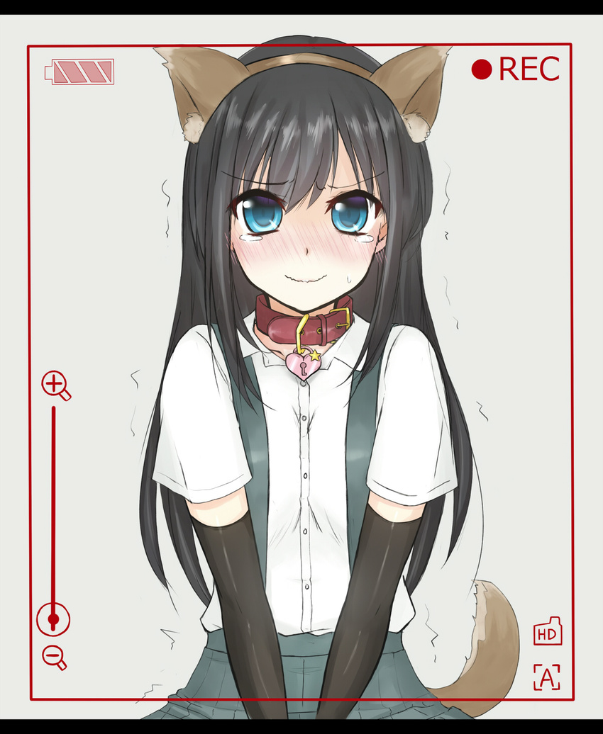 animal_ears arm_warmers asashio_(kantai_collection) black_hair blue_eyes blush collar collarbone dog_collar dog_ears dog_tail embarrassed fake_animal_ears grey_skirt highres jewelry kantai_collection letterboxed locket long_hair looking_at_viewer nekoryuu pendant pleated_skirt recording school_uniform skirt suspenders tail tears trembling upper_body v_arms viewfinder wavy_mouth