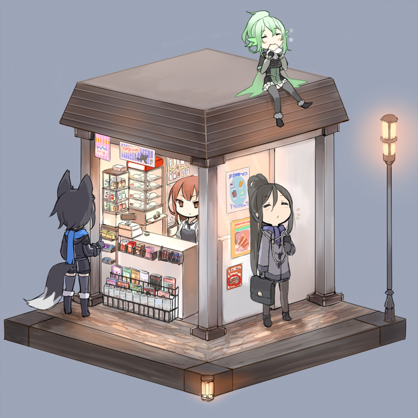 animal_ears black_hair black_legwear briefcase brown_eyes brown_hair character_request chibi corner earbuds earphones eating fox_ears fox_tail ganesagi green_hair highres isometric kiosk listening_to_music long_hair multiple_girls nanashi_(ganesagi) original ponytail scarf shop sitting_on_roof tail thighhighs winter_clothes zettai_ryouiki