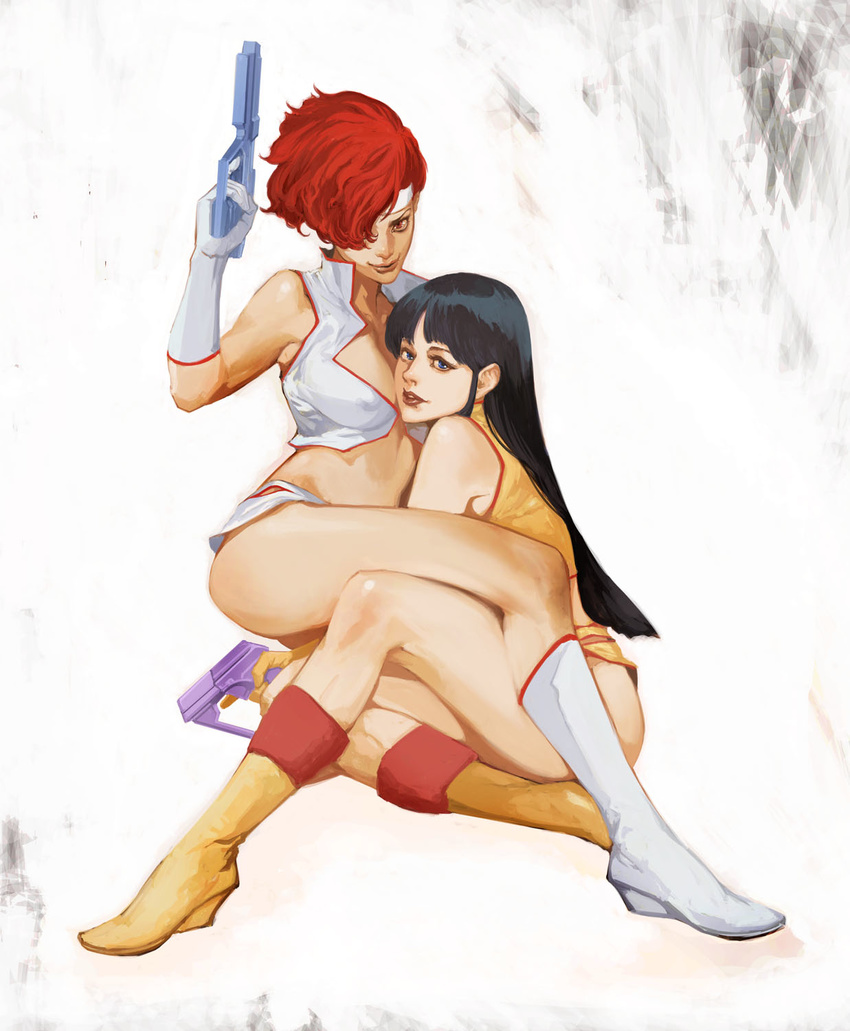 black_hair blue_eyes boots dirty_pair gun handgun highres ikeda_masateru kei_(dirty_pair) legs lips long_hair multiple_girls pistol realistic red_eyes red_hair science_fiction short_hair smile thighs weapon white_footwear yellow_footwear yuri yuri_(dirty_pair)