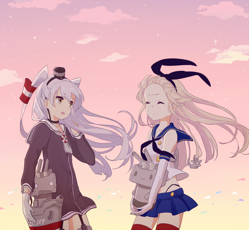 amatsukaze_(kantai_collection) blonde_hair dress elbow_gloves garter_straps gloves hairband kantai_collection kise_(swimmt) long_hair multiple_girls rensouhou-chan rensouhou-kun sailor_dress school_uniform serafuku shimakaze_(kantai_collection) short_dress silver_hair single_glove thighhighs two_side_up uniform