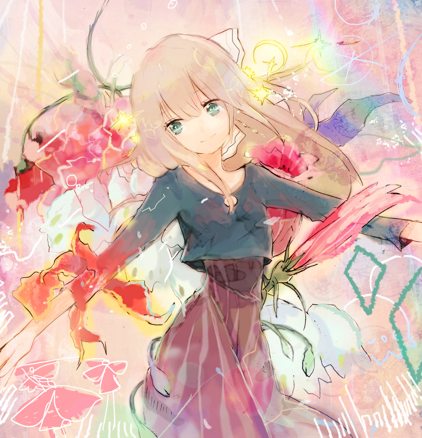 blonde_hair dress flower green_eyes highres kazuka long_hair original smile solo