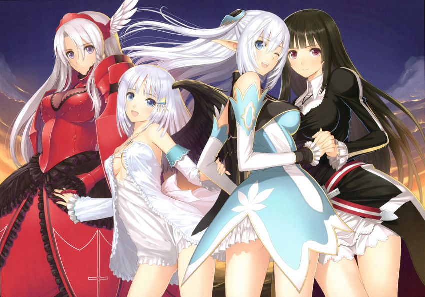 :d ;d absurdres altina_(shining_blade) ass_visible_through_thighs bad_id bad_yandere_id black_hair black_wings blue_eyes breasts cleavage detached_sleeves headgear highres holding_hands interlocked_fingers kilmaria_aideen large_breasts long_hair looking_at_viewer medium_breasts multiple_girls official_art one_eye_closed open_mouth panis_angelicus purple_eyes red_armor roselinde_(shining_blade) shining_(series) shining_world silver_eyes silver_hair smile tanaka_takayuki white_hair wings