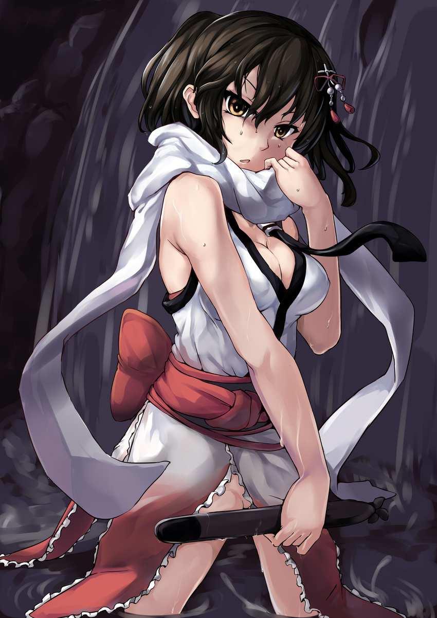 463_jun absurdres black_hair breasts brown_hair cleavage cowboy_shot hair_ornament highres holding holding_torpedo kantai_collection looking_at_viewer medium_breasts no_panties remodel_(kantai_collection) scarf sendai_(kantai_collection) short_hair solo torpedo two_side_up wading water waterfall wet white_scarf