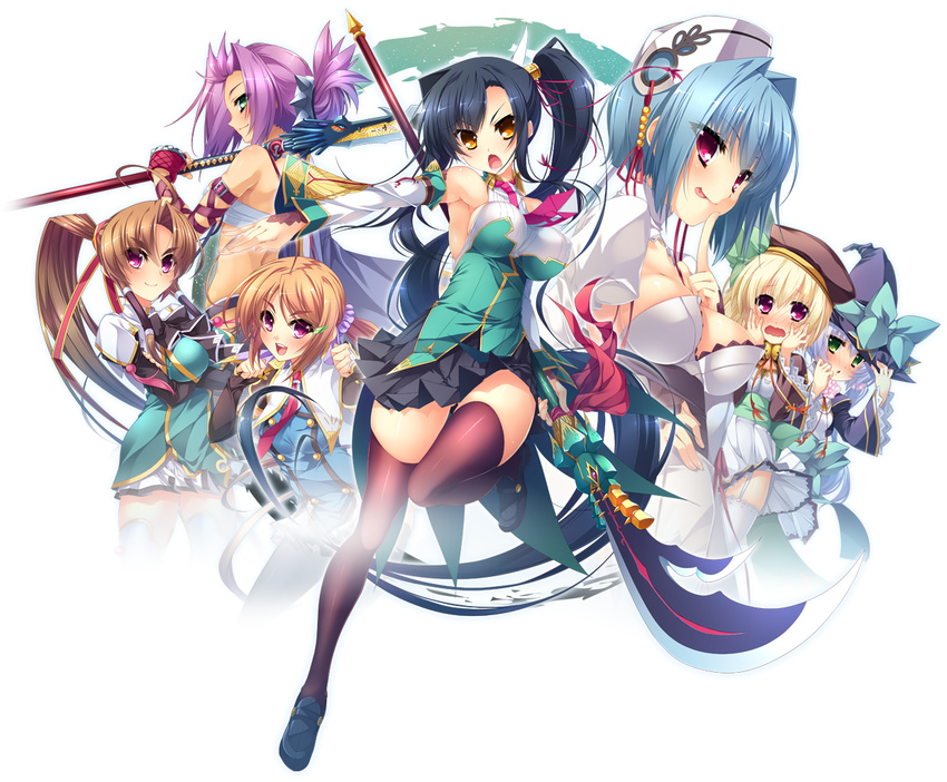 bachou bell beret black_hair blonde_hair blue_hair blush bow breasts brown_eyes brown_hair chouryou_(shia) chouun cleavage green_eyes hat highres kan'u kan'u katagiri_hinata koihime_musou long_hair multiple_girls official_art pink_eyes ponytail purple_eyes purple_hair red_eyes shokatsuryou smile