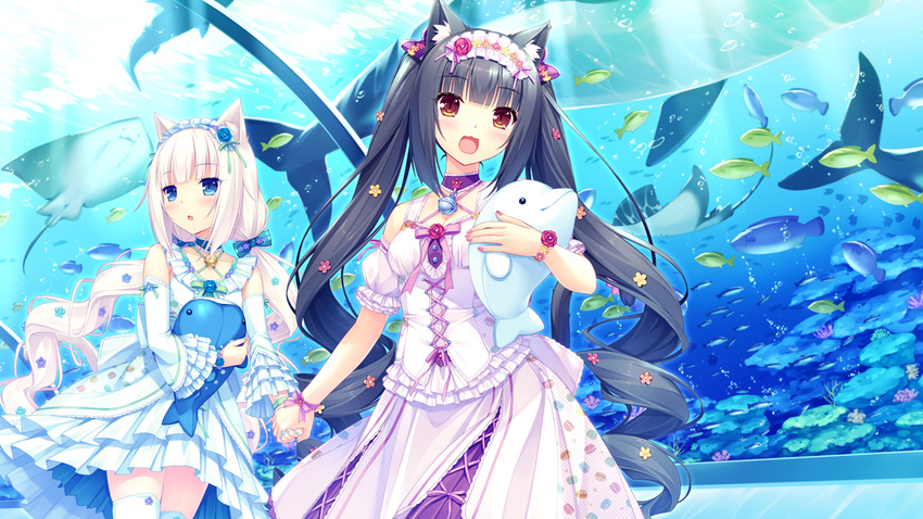 :3 :d air_bubble animal_ears aquarium bell bell_collar black_hair blue_eyes blush brown_eyes bubble cat_ears cat_tail chestnut_mouth chocola_(sayori) collar criss-cross_halter detached_sleeves dress drill_hair fish food food_print frilled_dress frilled_sleeves frills hairband halterneck holding_hands jingle_bell light_rays lolita_hairband long_hair low_twintails macaron multiple_girls nekopara open_mouth print_dress puffy_detached_sleeves puffy_sleeves ribbon sayori slit_pupils smile stingray stuffed_animal stuffed_dolphin stuffed_toy sunbeam sunlight tail thighhighs twin_drills twintails vanilla_(sayori) very_long_hair whale white_legwear wrist_ribbon zettai_ryouiki