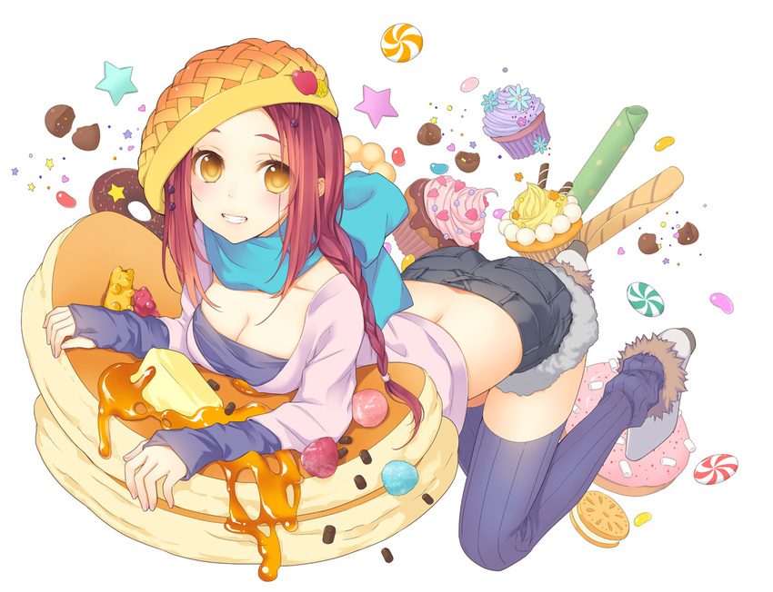 bent_over blue_scarf blush breasts butter candy cleavage cupcake doughnut food food_themed_clothes fur_trim ginta grin gummy_bear hat hat_ornament in_food long_hair looking_at_viewer medium_breasts midriff original oversized_object pancake pon_de_ring purple_legwear red_hair ribbed_legwear scarf short_shorts shorts simple_background sleeves_past_wrists smile solo star sweets thighhighs white_background yellow_eyes