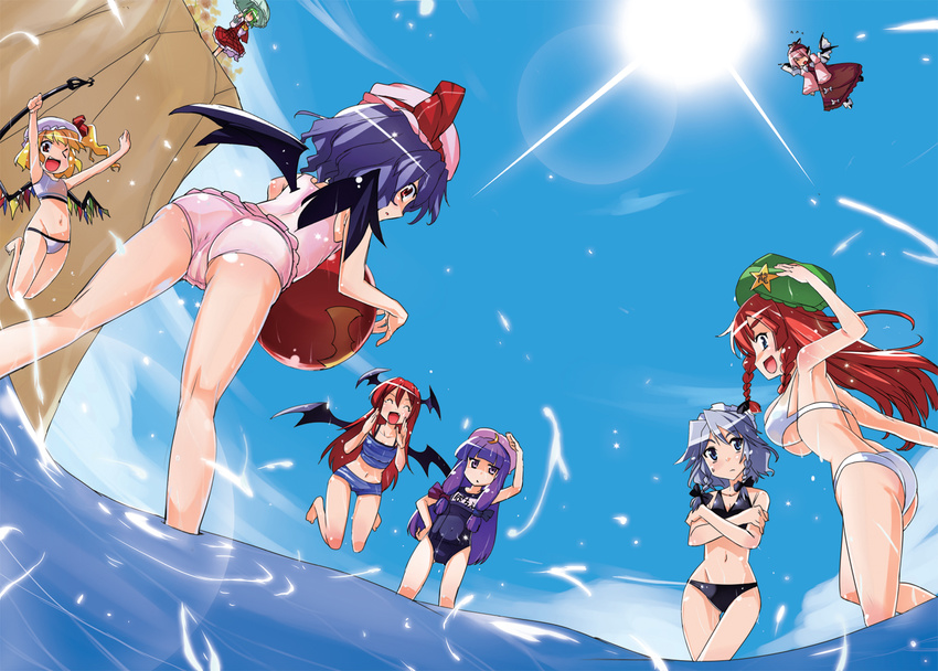 ass bat_wings beach bikini breast_envy breasts cameltoe day demon_girl flandre_scarlet flower flying from_below hong_meiling izayoi_sakuya kazami_yuuka kiku_hitomoji koakuma large_breasts lens_flare midriff multiple_girls mystia_lorelei one-piece_swimsuit outdoors parasol patchouli_knowledge plaid plaid_skirt plaid_vest remilia_scarlet school_swimsuit skirt skirt_set sun sunflower swimsuit sword tankini touhou umbrella underboob vest wading water weapon wings