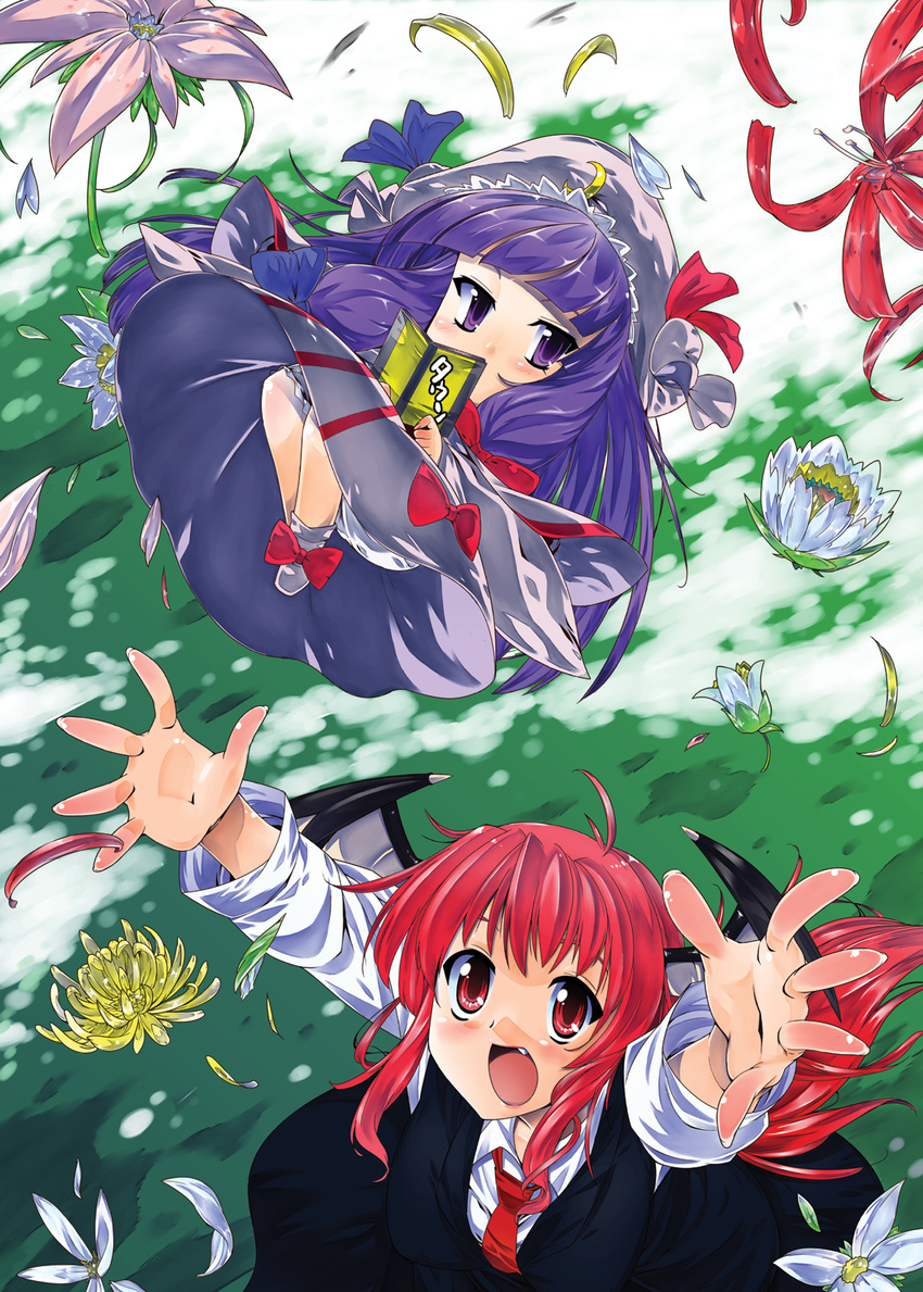 :d bat_wings book flower hat head_wings highres kiku_hitomoji koakuma long_hair multiple_girls open_mouth patchouli_knowledge purple_eyes purple_hair red_eyes red_hair smile touhou wings