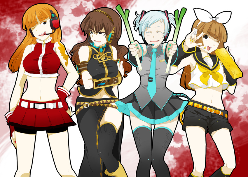 bad_id bad_pixiv_id cosplay hatsune_miku hatsune_miku_(cosplay) headphones kagamine_rin kagamine_rin_(cosplay) maroyan megurine_luka megurine_luka_(cosplay) meiko meiko_(cosplay) midriff multiple_girls one_eye_closed spring_onion thighhighs umineko_no_naku_koro_ni ushiromiya_eva ushiromiya_kyrie ushiromiya_natsuhi ushiromiya_rosa vocaloid