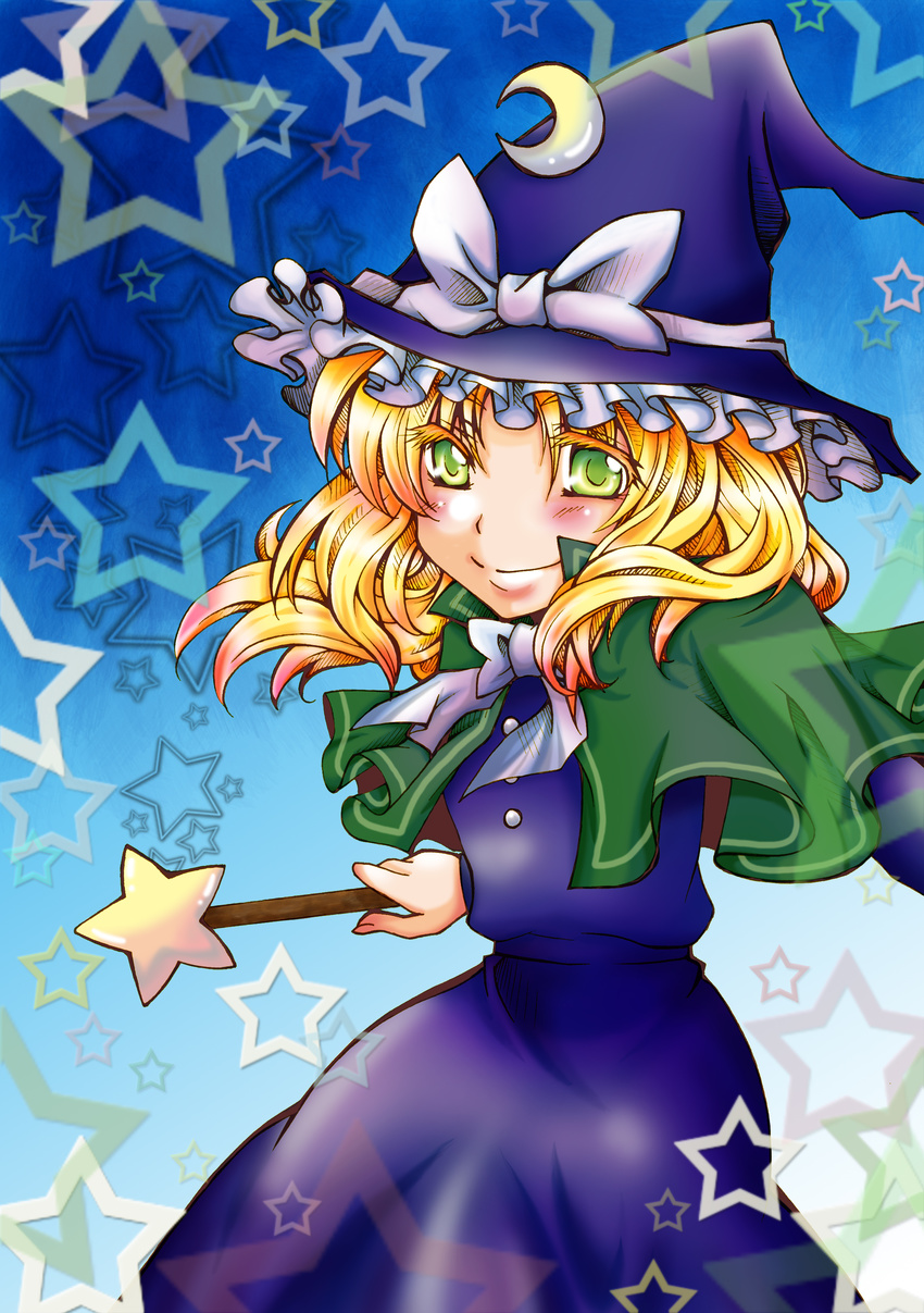 absurdres bad_id bad_pixiv_id blonde_hair green_eyes hat highres kirisame_marisa naokichi short_hair solo star touhou wand witch_hat