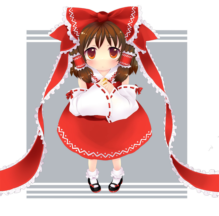 bad_id bad_pixiv_id bow brown_hair detached_sleeves hair_bow hair_ribbon hakurei_reimu mary_janes red_eyes ribbon shoes short_hair solo suzushiro_sayu touhou