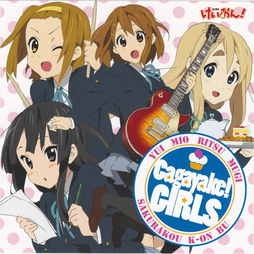 akiyama_mio album_cover artist_request bangs black_eyes black_hair blonde_hair blue_eyes blunt_bangs brown_eyes brown_hair cover guitar hairband highres hime_cut hirasawa_yui instrument k-on! kotobuki_tsumugi left-handed long_hair multiple_girls official_art pantyhose pencil school_uniform short_hair tainaka_ritsu teapot wooden_pencil