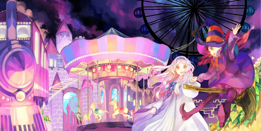 bad_id bad_pixiv_id broom broom_riding carnival carousel castle ferris_wheel ground_vehicle hat kawwa long_hair multiple_girls nightgown original smile train white_hair witch witch_hat