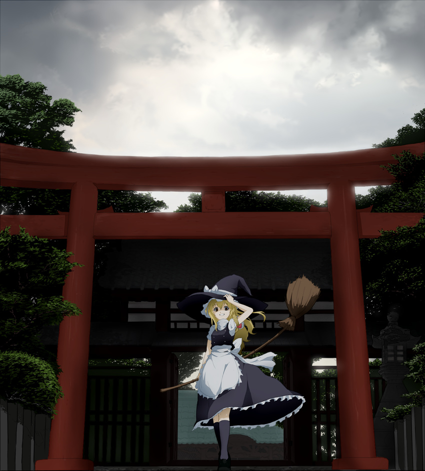 1girl apron arm_up bad_id bad_pixiv_id bamboo_broom bangs black_dress blonde_hair bow braid broom brown_eyes buttons cloud cloudy_sky day dress eyebrows_visible_through_hair fence floating_hair full_body gate hair_between_eyes hair_bow hand_on_headwear hat hat_bow highres holding holding_broom kirisame_marisa kneehighs lantern long_hair long_skirt looking_at_viewer outdoors puffy_short_sleeves puffy_sleeves red_bow sash short_sleeves shrine single_braid skirt sky smile solo teeth torii touhou tree turtleneck waist_apron white_bow witch_hat yellow_eyes