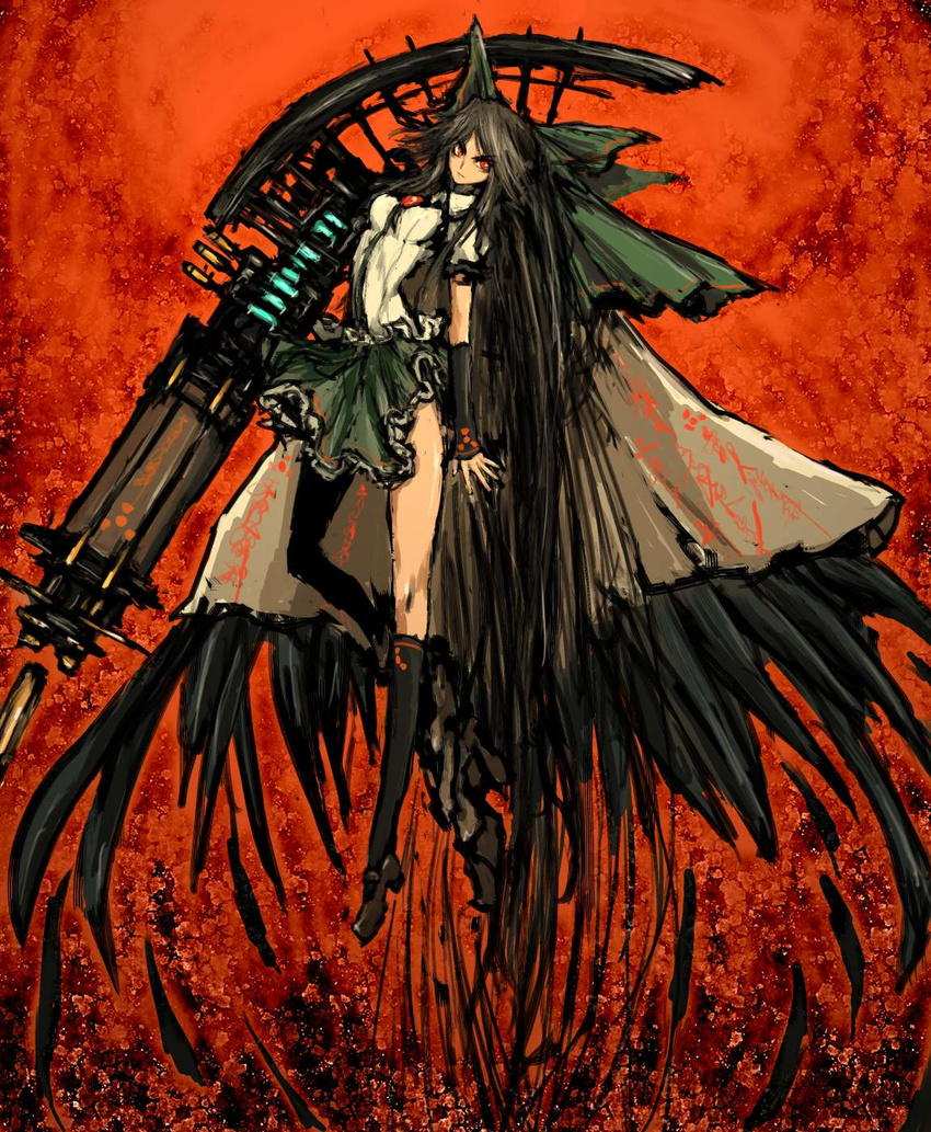 alternate_weapon arm_cannon black_hair bow hair_ribbon highres long_hair moto_murabito red_eyes reiuji_utsuho ribbon solo touhou traditional_media weapon wings