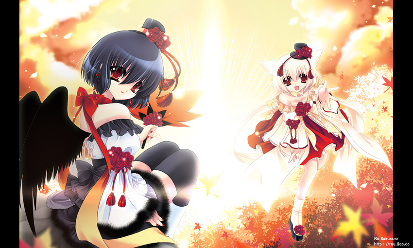 animal_ears bare_shoulders black_hair black_wings flower hat inubashiri_momiji mini_hat mini_top_hat multiple_girls pillarboxed red_eyes rose sakurano_tsuyu shameimaru_aya short_hair top_hat touhou white_hair wings wolf_ears