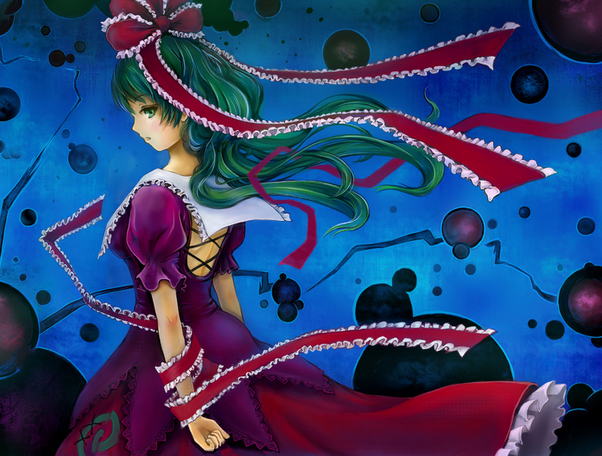 alternate_hairstyle bow closed_eyes dress floating_hair frilled_dress frills from_side green_eyes green_hair hair_bow hair_down kagiyama_hina red_dress sai-go sailor_collar sailor_dress short_hair solo touhou wrist_cuffs