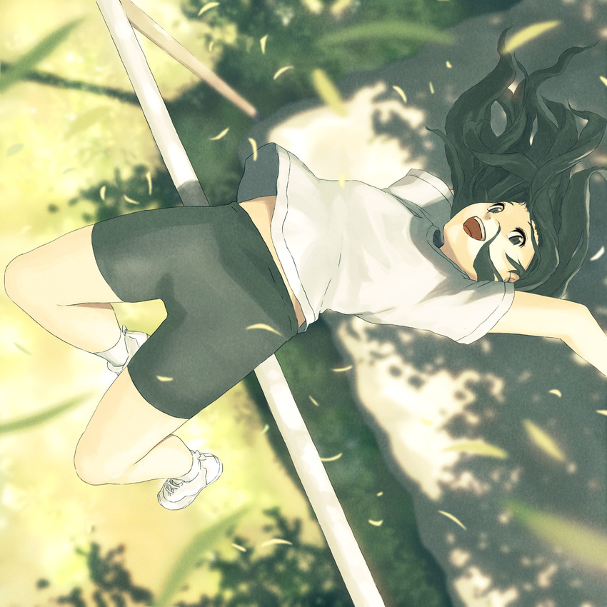 arched_back bad_id bad_pixiv_id bike_shorts black_eyes black_hair blurry copyright_request depth_of_field foreshortening from_above happy high_jump highres horizontal_bar jumping midriff petals shade shirt shoes smile sneakers solo t-shirt teikoku_shounen