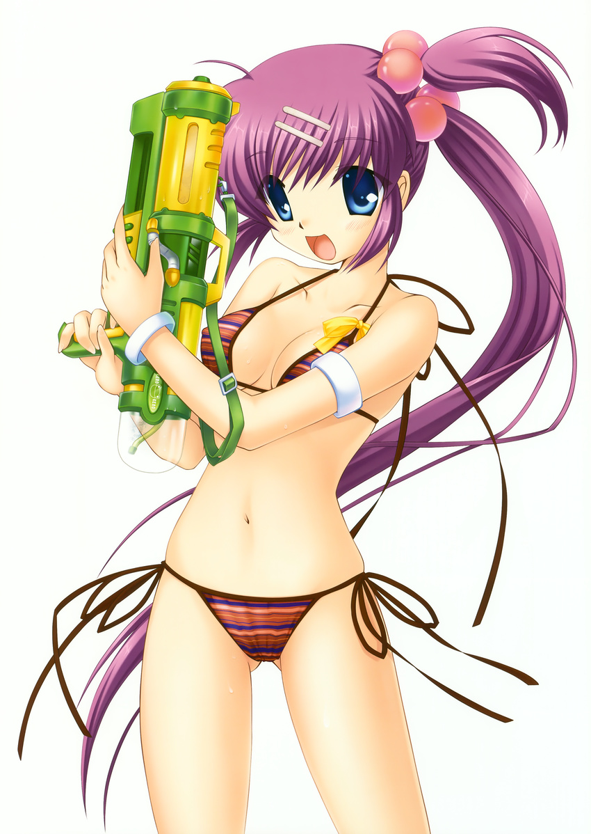 absurdres armband bikini blue_eyes bracelet breasts covered_nipples hair_bobbles hair_ornament hairclip highres hinoue_itaru jewelry little_busters! long_hair open_mouth purple_hair saigusa_haruka side-tie_bikini side_ponytail small_breasts smile string_bikini striped striped_bikini swimsuit water_gun