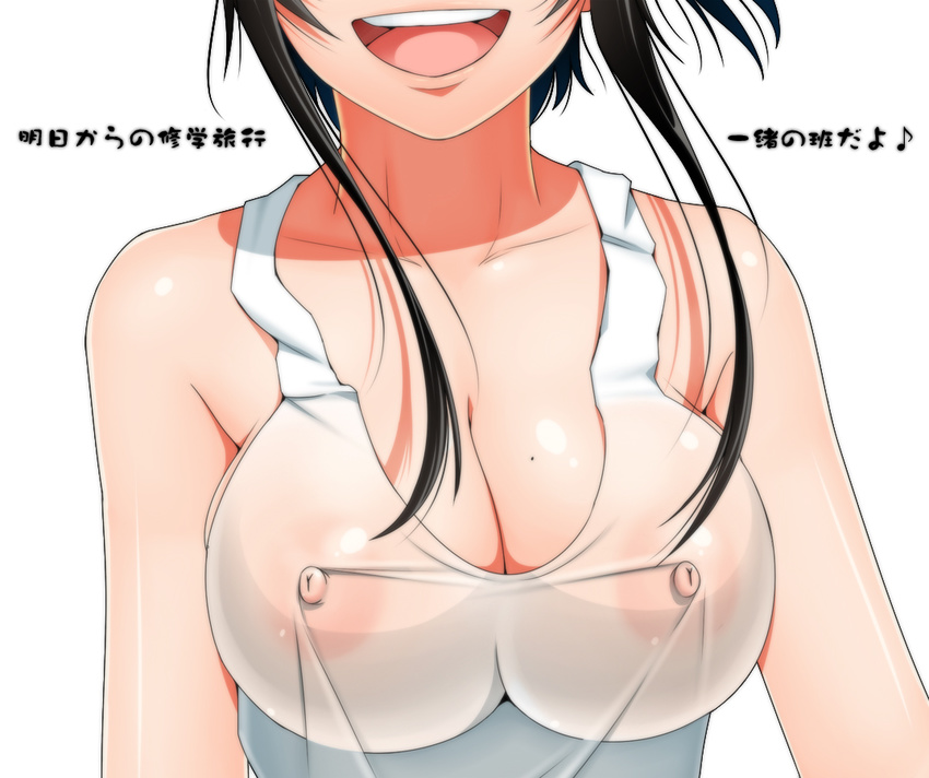 :d akane_yutaka bare_shoulders black_hair breasts cleavage close-up covered_nipples eighth_note happy head_out_of_frame impossible_clothes large_breasts long_hair mole mole_on_breast musical_note nipples no_bra open_mouth original see-through sidelocks simple_background smile solo taguchi_takahiro tank_top taut_clothes translation_request upper_body white_background