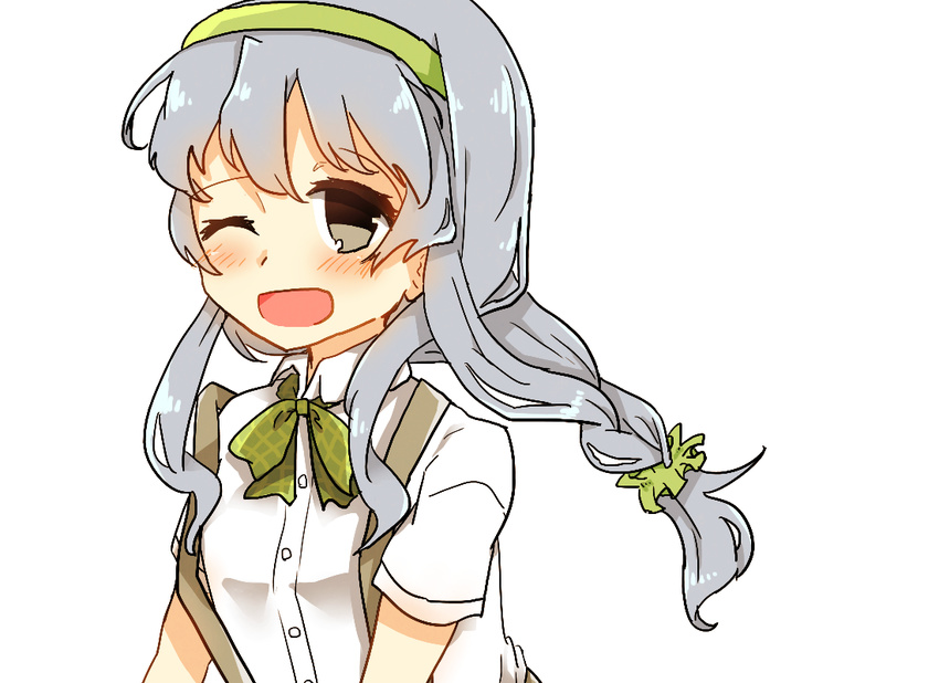 :d ;d bad_id bad_pixiv_id blush green_hairband grey_eyes grey_hair hairband kantai_collection koromoroko10 long_hair low-tied_long_hair neck_ribbon one_eye_closed open_mouth ribbon smile solo suspenders upper_body white_background yamagumo_(kantai_collection)