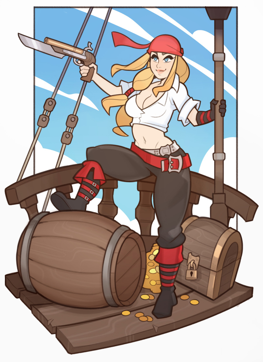 bandanna barrel belt blade blonde_hair blue_eyes blue_sky boots breasts cleavage coin commentary commission gold gun highres large_breasts lock long_hair midriff navel original pants pirate red_bandana shirt sky smile solo splashbrush treasure_chest weapon white_shirt