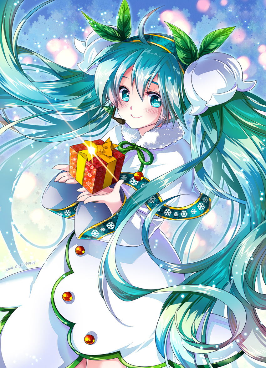 2014 ahoge aqua_eyes aqua_hair blush christmas dated gift hatsune_miku headset highres leaf long_hair sawaki smile solo twintails very_long_hair vocaloid yuki_miku