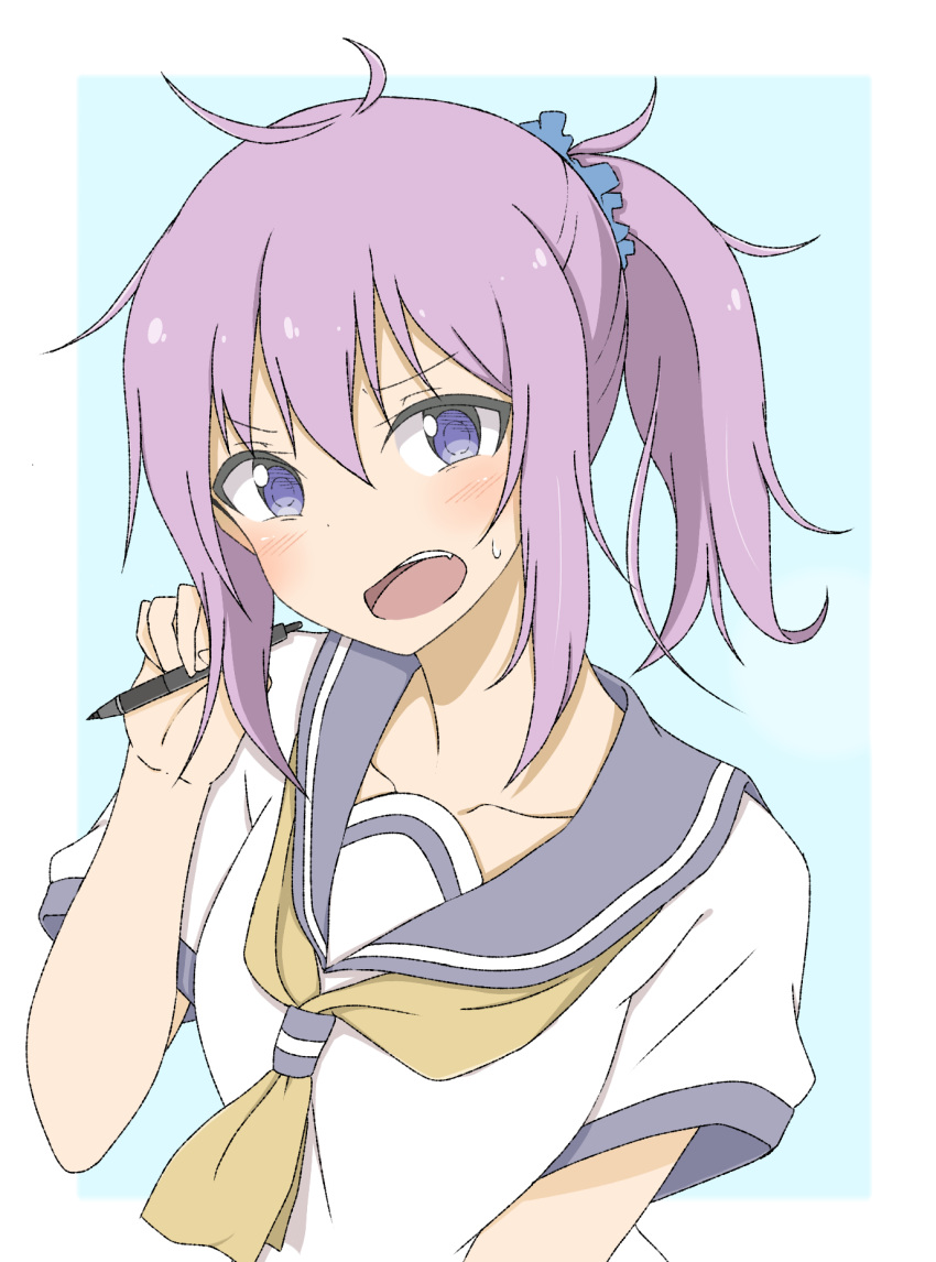 1girl aoba_(kantai_collection) blue_eyes blue_sailor_collar blush bow breasts highres ink_pen kantai_collection kirisaki_seeker long_hair looking_at_viewer medium_breasts ponytail purple_hair sailor_collar school_uniform short_sleeves solo yellow_bow yellow_neckwear yellow_serafuku