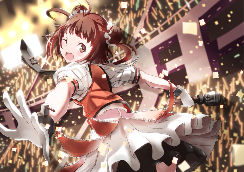 ;d antenna_hair bangs blurry blush bracer brown_eyes brown_hair concert confetti cowboy_shot depth_of_field double_bun foreshortening frills from_side gloves glowing happy head_tilt holding kantai_collection leaning_forward lights looking_at_viewer looking_back microphone naka_(kantai_collection) necktie one_eye_closed open_mouth outstretched_arms pleated_skirt puffy_short_sleeves puffy_sleeves school_uniform scrunchie serafuku short_hair short_sleeves short_twintails skirt smile solo_focus spread_arms stadium stage_lights standing sweatdrop tsuuhan twintails white_gloves