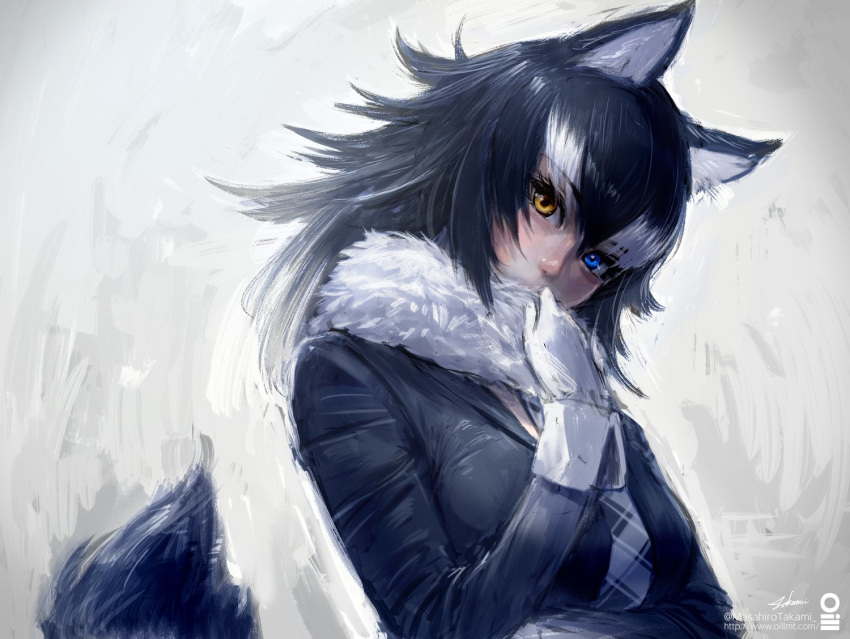 1girl animal_ears arm_up artist_name black_hair blue_eyes commentary_request covered_mouth eyebrows_visible_through_hair fur_collar gloves grey_wolf_(kemono_friends) heterochromia kemono_friends long_hair long_sleeves looking_at_viewer multicolored_hair necktie plaid_neckwear solo tail takami_masahiro twitter_username watermark web_address white_background white_gloves white_hair wolf_ears wolf_tail wrist_cuffs yellow_eyes