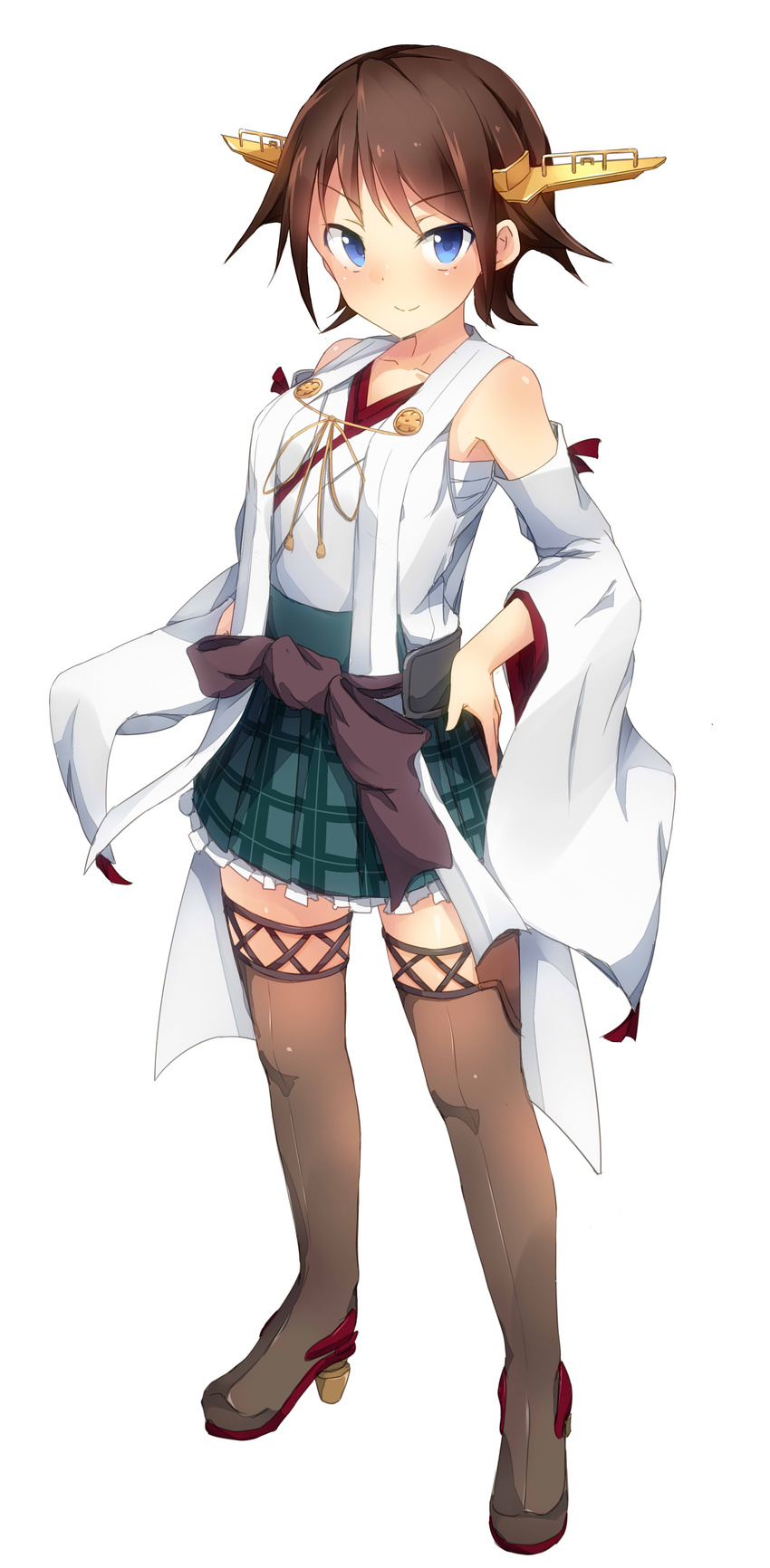 absurdres bare_shoulders blue_eyes blush breasts brown_hair brown_legwear collarbone detached_sleeves full_body hands_on_hips headgear hiei_(kantai_collection) highres kantai_collection looking_at_viewer medium_breasts metindone no_legwear nontraditional_miko short_hair simple_background smile solo standing white_background