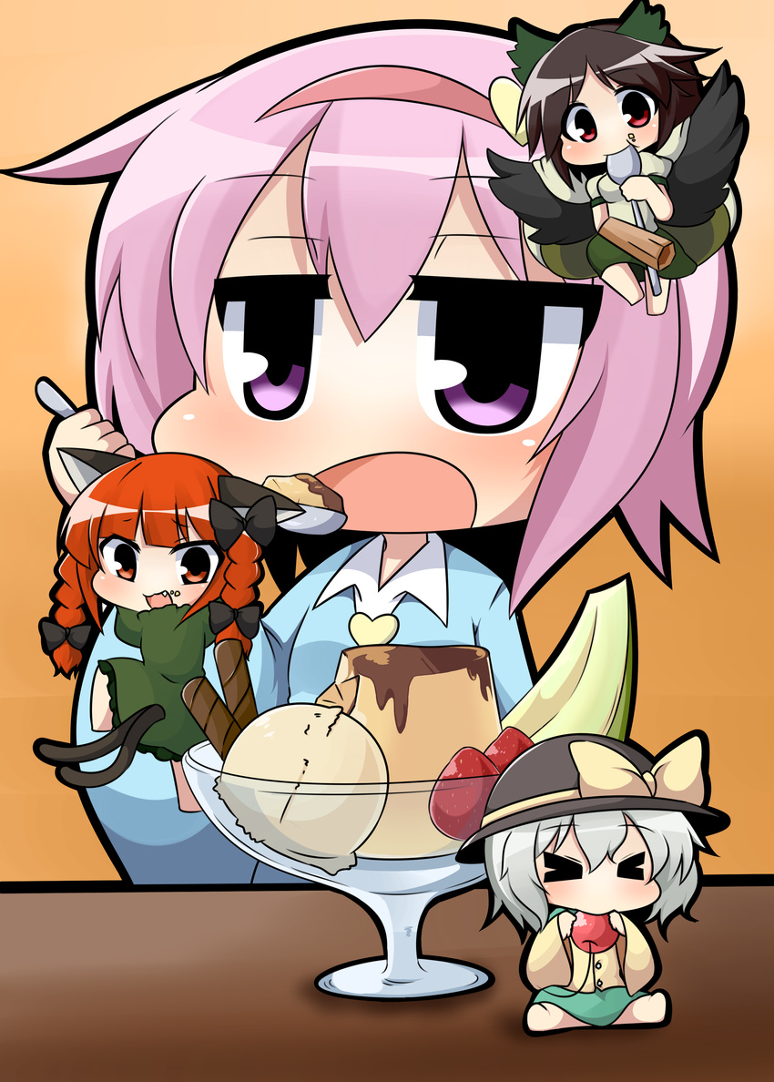 &gt;_&lt; :d absurdres animal_ears black_wings braid brown_hair cat_ears cat_tail chibi closed_eyes control_rod eating flying food hairband highres holding ice_cream kaenbyou_rin komeiji_koishi komeiji_satori long_hair multiple_girls multiple_tails nekomata open_mouth orange_eyes orange_hair parfait pudding purple_eyes purple_hair red_eyes reiuji_utsuho short_hair silver_eyes sitting size_difference smile spoon tail touhou twin_braids twintails twumi wings