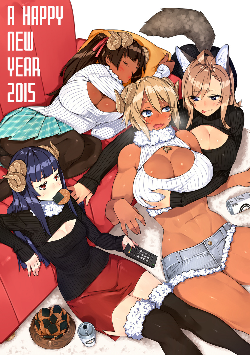 23_(real_xxiii) 4girls :p ahoge ahoge_girl_(23) all_fours animal_ears bangs beer_can black_legwear blonde_hair blue_eyes blunt_bangs breast_grab breasts brown-haired_girl_(23) brown_hair can cleavage cleavage_cutout closed_eyes controller cutoffs dark-skinned_girl_(23) dark_skin denim denim_shorts drooling english fang flat-chested_girl_(23) fox_ears fox_tail fur_trim grabbing hand_on_breast happy_new_year heavy_breathing highres horns huge_breasts leaning_back long_hair meme_attire midriff mouth_hold multiple_girls navel new_year open-chest_sweater original panties panties_under_pantyhose pantyhose pleated_skirt ponytail red_eyes remote_control ribbed_sweater senbei short_hair short_shorts shorts sidelocks sitting skirt sleeping small_breasts sweater tail tears thighhighs tongue tongue_out underwear wavy_mouth wife_and_wife yuri