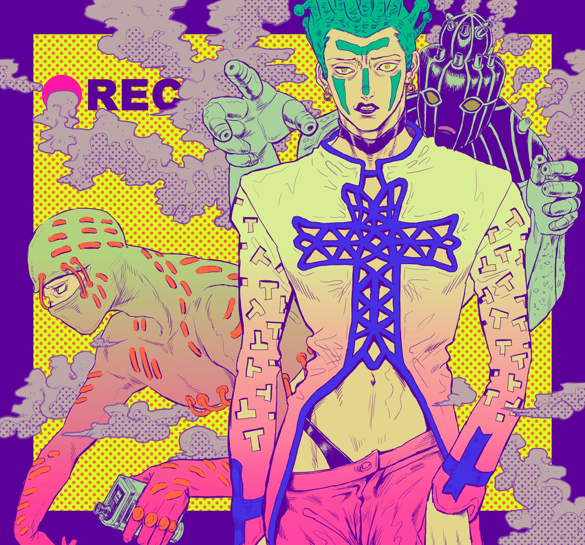 absurdres bodysuit cioccolata facial_mark green_day_(stand) green_hair highres jojo_no_kimyou_na_bouken limited_palette mamanofuwafuwa multiple_boys oasis_(stand) secco smoke stand_(jojo) vento_aureo