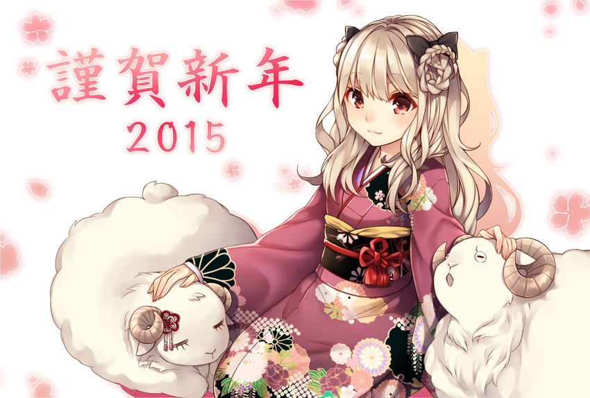 2015 akayan brown_eyes brown_hair highres japanese_clothes kimono long_hair looking_at_viewer new_year original petting sheep smile solo translation_request