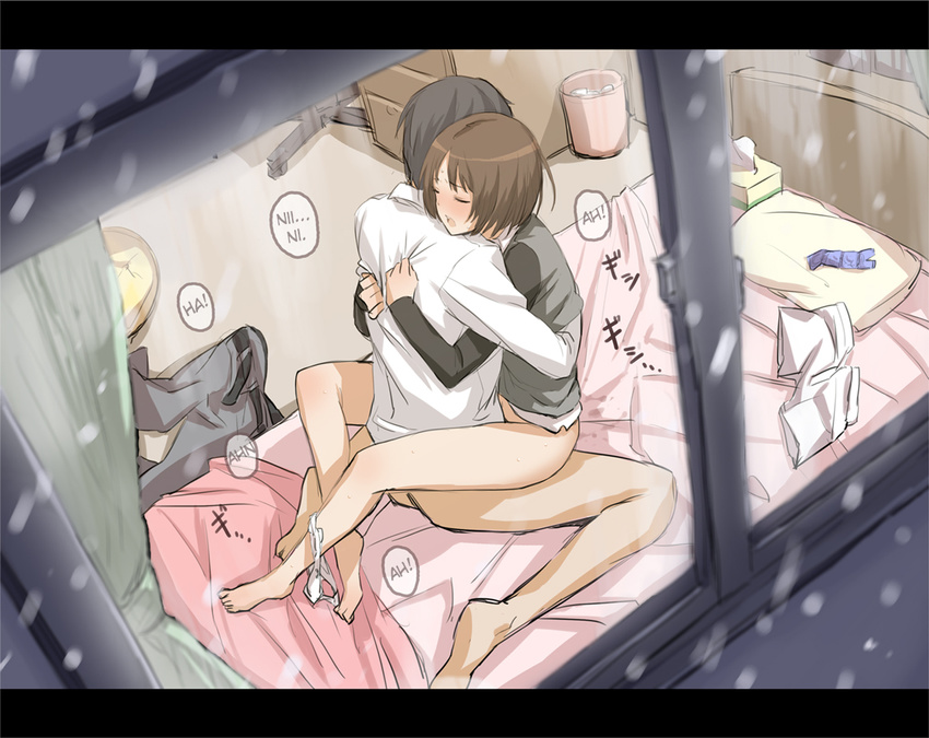 1boy 1girl amagami barefoot black_hair blush bottomless brother_and_sister brown_hair clothed_sex condom condom_packet_strip condom_wrapper cupboard curtains hard_translated hetero incest leg_lock legs letterboxed long_legs on_bed panties panties_around_leg pants pussy_juice pussy_juice_stain saitom saitou_masatsugu sex shirt short_hair siblings snow straddling tachibana_jun'ichi tachibana_jun'ichi tachibana_miya translated trash_can underwear upright_straddle vaginal white_panties white_shirt window