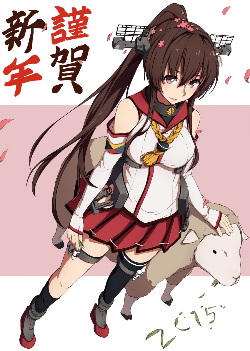 ammunition anchor animal armband asymmetrical_legwear bare_shoulders black_legwear breasts brown_eyes brown_hair detached_sleeves flower from_above hair_flower hair_ornament headgear high_ponytail highres kantai_collection lamb large_breasts long_hair long_ponytail looking_at_viewer looking_up miniskirt pleated_skirt red_skirt sailor_collar sblack single_thighhigh skirt thighhighs very_long_hair yamato_(kantai_collection)