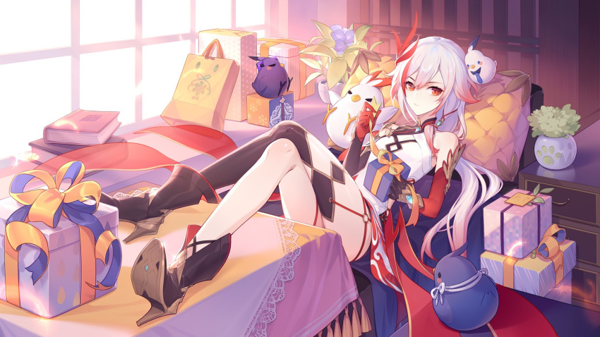 1girl artist_request bangs boots breasts china_dress chinese_clothes closed_mouth dress feathers fu_hua gift gold_trim gradient_hair hair_between_eyes hair_ornament high_heel_boots high_heels highres honkai_(series) honkai_impact_3 indoors legs_crossed legs_on_table long_hair looking_at_viewer low_ponytail medium_breasts multicolored_hair o-ring official_art pelvic_curtain phoenix_(honkai_impact) plant potted_plant red_eyes red_hair side_slit sidelocks silver_hair single_thighhigh solo streaked_hair stuffed_animal stuffed_toy table thighhighs thighlet turquoise_(gemstone) window