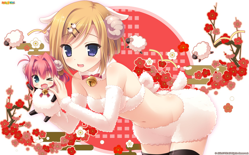 &gt;_o :d :o ;d animal_costume animal_ears bare_shoulders bell bent_over black_legwear blue_eyes breasts brown_hair cherry_blossoms chibi cleavage detached_sleeves dot_nose egasumi fang flower hair_intakes hair_ornament hairclip highres himemiya_yurika horns hulotte ikegami_akane imouto_no_okage_de_mote_sugite_yabai jingle_bell long_sleeves looking_at_viewer midriff mizunashi_miya motion_lines multiple_girls navel official_art one_eye_closed open_mouth plum_blossoms red_hair scan sheep sheep_costume sheep_ears sheep_girl sheep_hair_ornament sheep_horns sheep_tail short_hair simple_background small_breasts smile standing stomach tail thighhighs watermark white_background wool