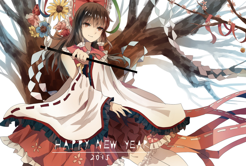 2015 ascot bad_id bad_pixiv_id bow brown_eyes brown_hair cherry_blossoms chocolate_(jitong) detached_sleeves floral_print flower frilled_skirt frilled_sleeves frills gohei hair_bow hair_tubes hakurei_reimu happy_new_year highres long_hair new_year red_skirt ribbon ribbon-trimmed_sleeves ribbon_trim shiny shiny_hair skirt smile solo touhou tree