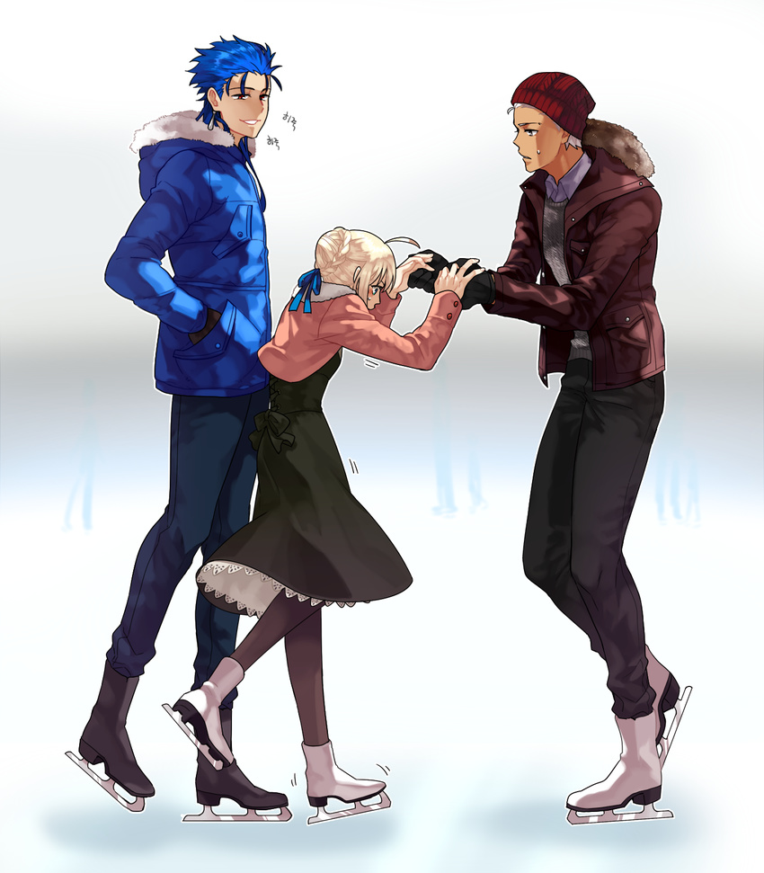 2boys archer artoria_pendragon_(all) bad_id bad_pixiv_id beanie casual coat dress fate/stay_night fate_(series) hat height_difference highres ice_skates ice_skating lancer multiple_boys pantyhose saber skates skating toridori_(csunhong1) winter_clothes