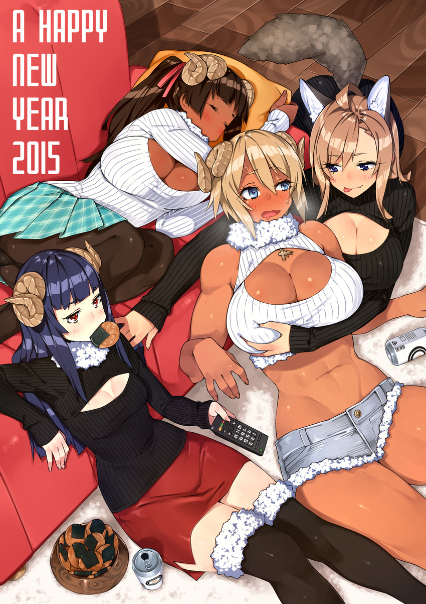 23_(real_xxiii) 4girls :p ahoge ahoge_girl_(23) all_fours animal_ears bangs beer_can black_legwear blonde_hair blue_eyes blunt_bangs breast_grab breasts brown-haired_girl_(23) brown_hair can cleavage cleavage_cutout closed_eyes controller cutoffs dark-skinned_girl_(23) dark_skin denim denim_shorts drooling english fang flat-chested_girl_(23) fox_ears fox_tail fur_trim grabbing hand_on_breast happy_new_year heavy_breathing highres horns huge_breasts leaning_back long_hair meme_attire midriff mouth_hold multiple_girls navel new_year open-chest_sweater original panties panties_under_pantyhose pantyhose pleated_skirt ponytail red_eyes remote_control ribbed_sweater senbei short_hair short_shorts shorts sidelocks sitting skirt sleeping small_breasts sweater tail tears thighhighs tongue tongue_out underwear wavy_mouth wife_and_wife yuri