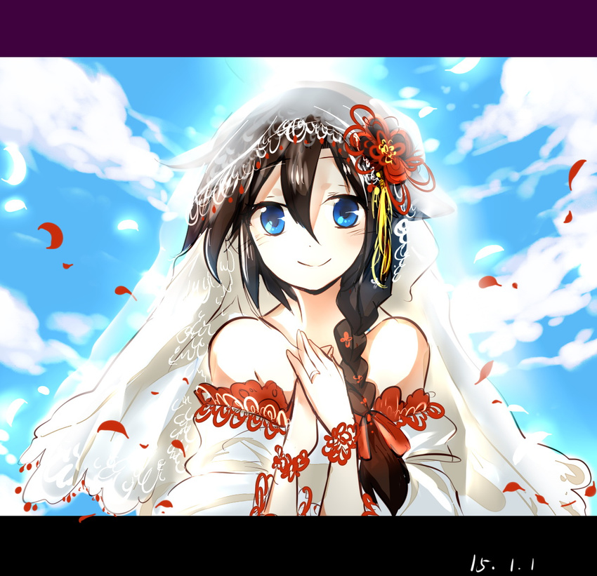 alternate_costume bare_shoulders black_hair blue_eyes braid cloud day dress hair_ornament hair_over_shoulder hair_ribbon jewelry kantai_collection long_hair looking_at_viewer petals ribbon ring shigure_(kantai_collection) shigureru single_braid sketch sky smile solo veil wedding_band wedding_dress