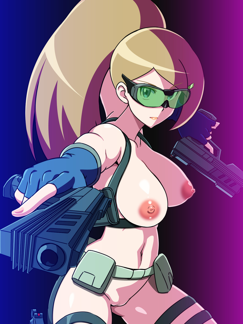 alternate_hairstyle belt blonde_hair blue_eyes breasts cowboy_shot dual_wielding fingerless_gloves gaist_crusher gloves gun handgun highres holding holding_gun holding_weapon hotaru_ruminera large_breasts long_hair looking_at_viewer naked_belt nipples nude ponytail pouch solo sunglasses thigh_strap trigger_discipline utility_belt weapon yuki_(12cut)