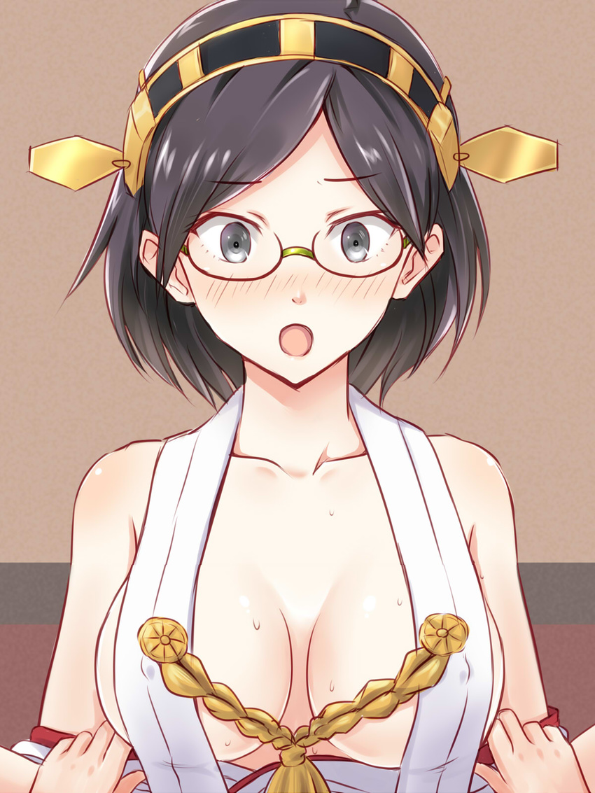 :o adapted_costume assisted_exposure black_eyes black_hair blush breasts glasses highres kanden_suki kantai_collection kirishima_(kantai_collection) medium_breasts open_mouth short_hair solo_focus