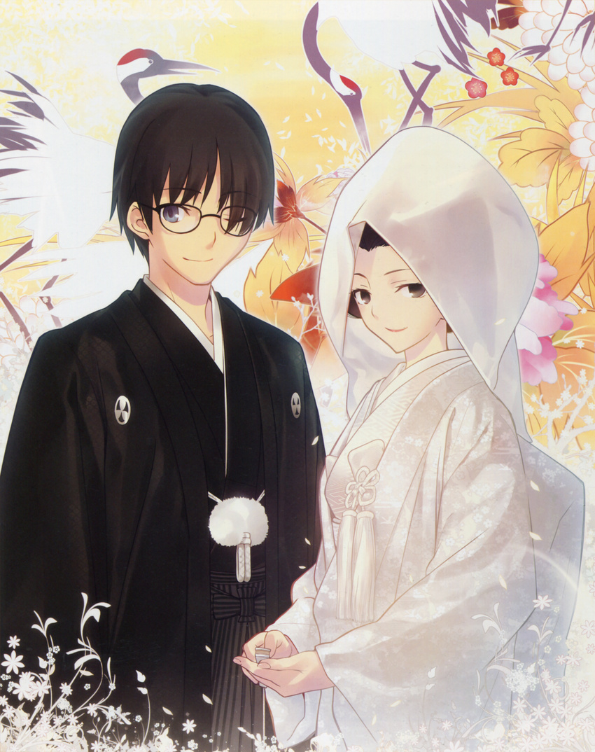 absurdres alternate_hairstyle black_eyes black_hair blue_eyes couple glasses haori highres hood japanese_clothes kara_no_kyoukai kimono kokutou_mikiya lipstick makeup ryougi_shiki sakamoto_maaya seiyuu_connection shiromuku suzumura_ken'ichi takeuchi_takashi uchikake wedding