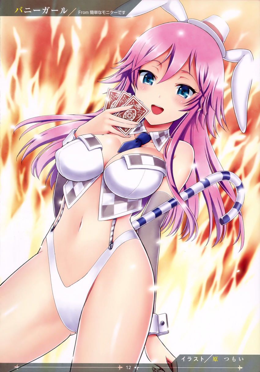 absurdres animal_ears bare_shoulders blue_eyes blush breasts bunny_ears cane card checkered closed_eyes detached_collar fire hara_tsumoi hat highleg highleg_panties highres holding holding_card kamachi_crossover kantan_na_monitor_desu karen_(kantan_series) large_breasts long_hair mini_hat navel necktie official_art panties pink_hair smile solo thighs top_hat underwear wrist_cuffs