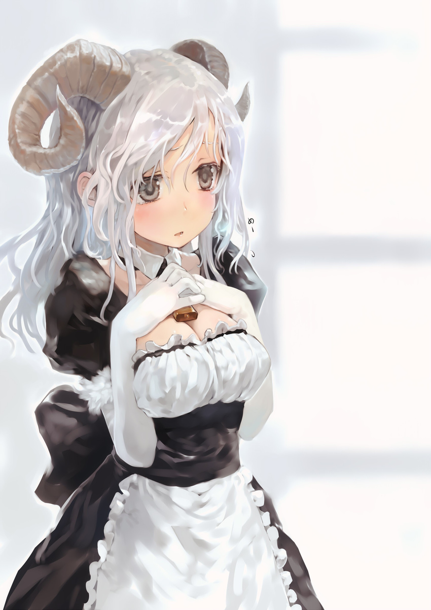black_hair blush bob_(biyonbiyon) breast_suppress breasts cleavage cowboy_shot elbow_gloves flying_sweatdrops gloves hands_on_own_chest highres horns juliet_sleeves large_breasts long_sleeves looking_away maid onomatopoeia original puffy_sleeves sheep_horns silver_hair solo white_gloves